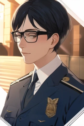 salute, very short hair, short hair, glasses, sunlight, Masterpiece, man, police uniform